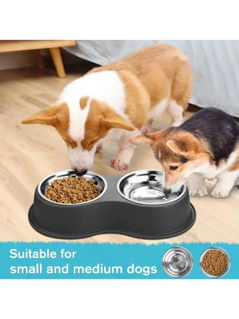 Double Dog Bowls Set - Stainless Steel Non-Slip Pet Feeder for Dogs & Cats